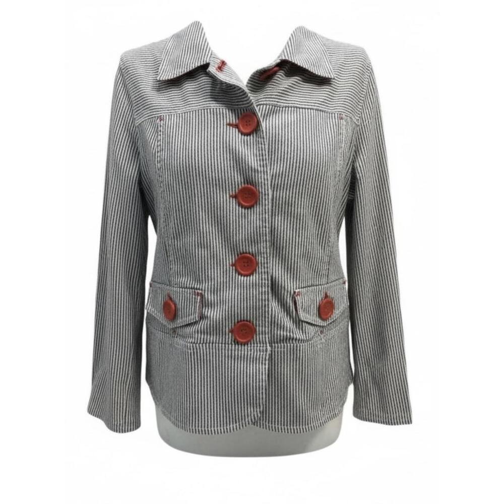 EUC Onque Grey & White Pin Stripe Blazer Shacket Large Orange Buttons Ladies S/M